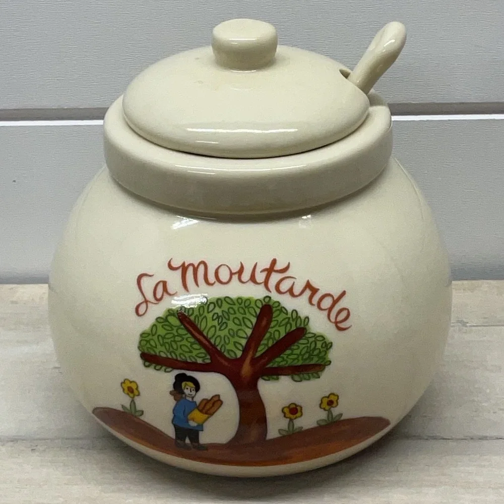 Gallery Originals 1984 La Moutarde Ceramic Mustard Pot with Lid and Spoon Cream